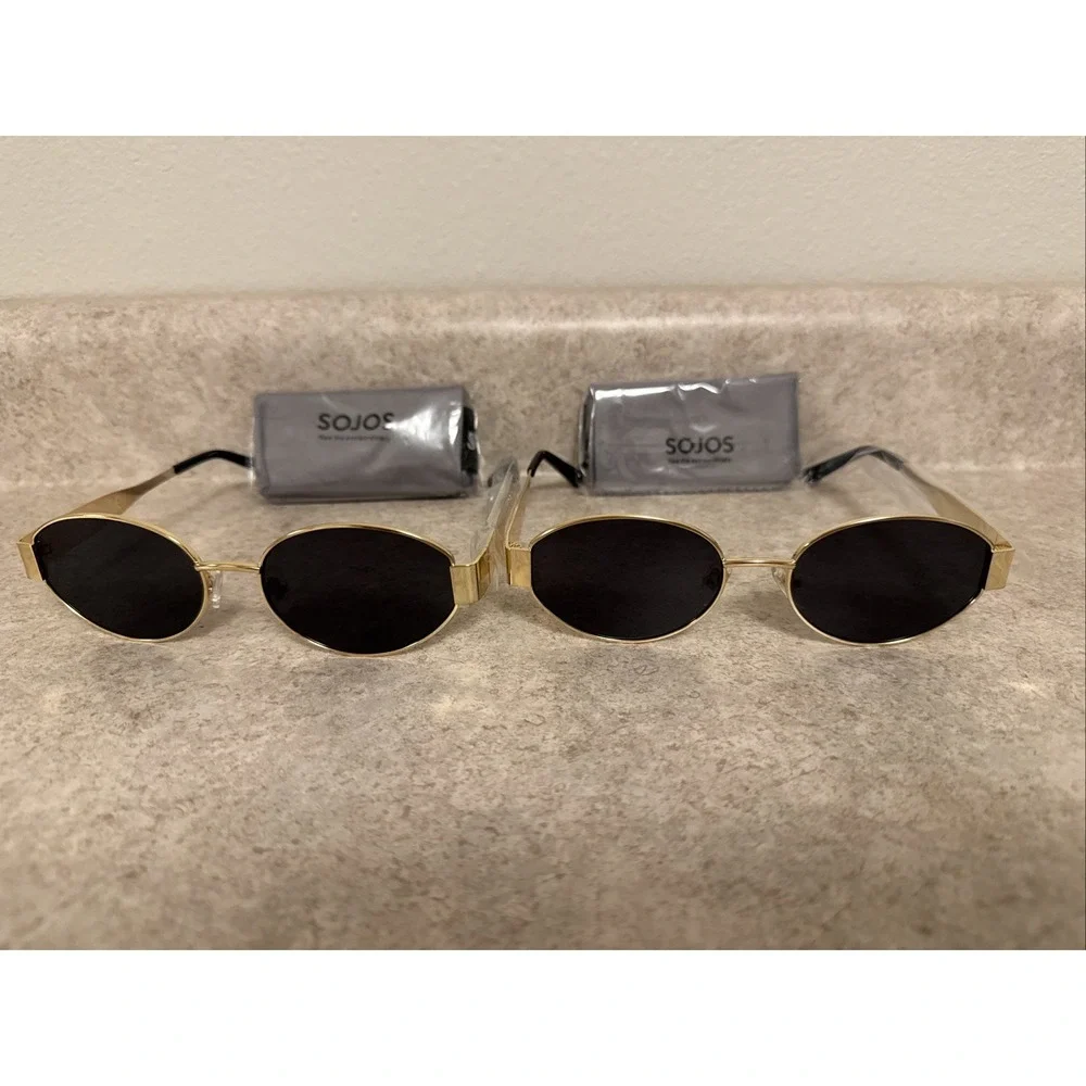 SOJOS 2 Pairs Retro Y2K Oval Sunglasses‎ Gold Frame Grey Lens Unisex Festival